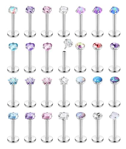 Adramata 28PCs Piercings Labret Lips Surgery Steel, Medusa CZ Opales,pour Hommes et Femmes - Sophie Event et Daily Wear