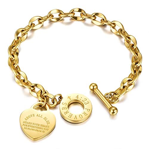 Emibele Bracelet en Forme de Cœur Exquis pour Femmes, Bijoux en Acier Inoxydable Filigrané, Chaîne Gravable avec Fermetu — Or-Cœur