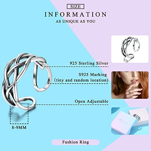 Milacolato Bague Argent 925 Reglable pour Femmes Filles, Vintage Noeud Celtique/Feuille, Noir CZ/Vitré Double Twist Élém