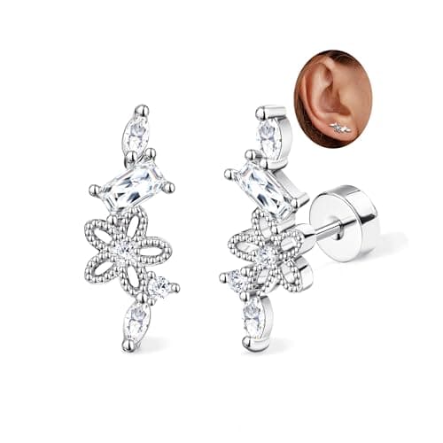 Adramata Acier Inoxydable Piercing Femmes Conch Tragus Helix 16G Argent Hypoallergénique Recycled Standard 100 — Argent-CZ Fleur