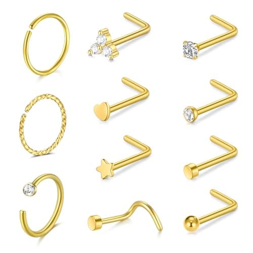 AceFun piercing nez argent or, anneau mince pour femmes et hommes, forme L petit nez stud 20G Strassbijoux