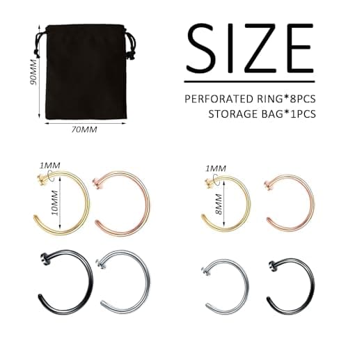 NyxSeat Lot de 8 piercings de nez - Anneau de piercing en acier inoxydable - Convient pour tous les utilisateurs - Idéal