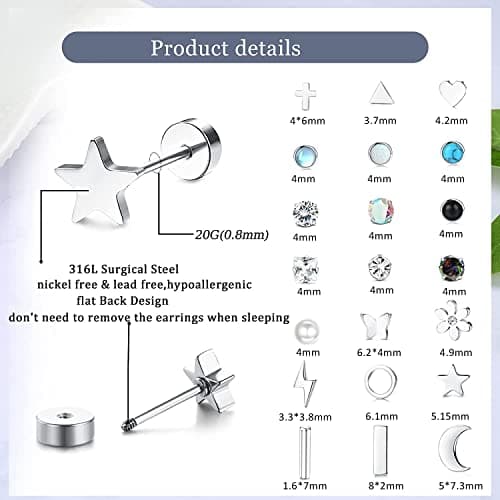 Adramata Boucles d'Oreilles Acier Inoxydable Vis Femmes Hommes 21 Paires