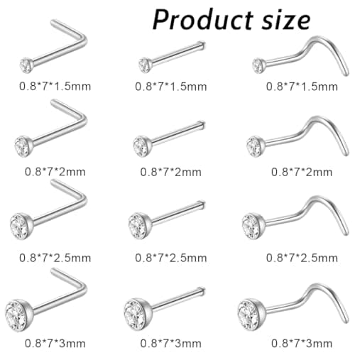 JEYORZY Piercing Nez 12 Pièces Acier Chirurgical Femme Homme, Bijoux Piercings Nez Argent Diamant