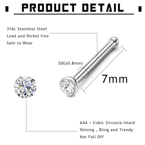 LOLIAS Piercing Nez Acier Chirurgical Femme Screw Piercing Nez Diamond CZ Nostril Piercing Standard 100