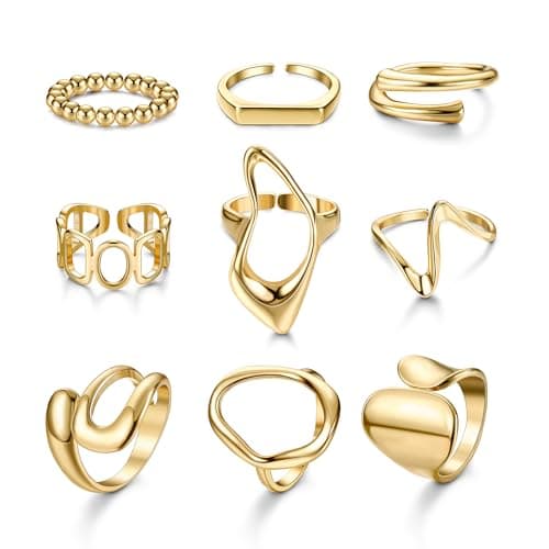 LOLIAS Or Plaqué 18K Rétro Bagues Femmes Filles Épais Ouvert Dôme Réglable 9 Pièces Ensemble Élégant Accessoire