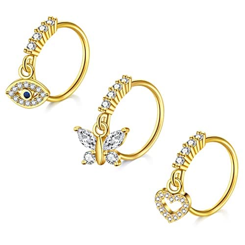 Mayhoop Piercing Nez en Acier Chirurgical pour Femme et Homme - Coeur Fleur Papillon Ramure - 20G - Disponible en Argent — 3pcs-doré-set1