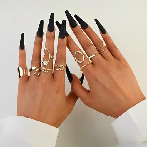 LOLIAS Or Plaqué 18K Rétro Bagues Femmes Filles Épais Ouvert Dôme Réglable 9 Pièces Ensemble Élégant Accessoire