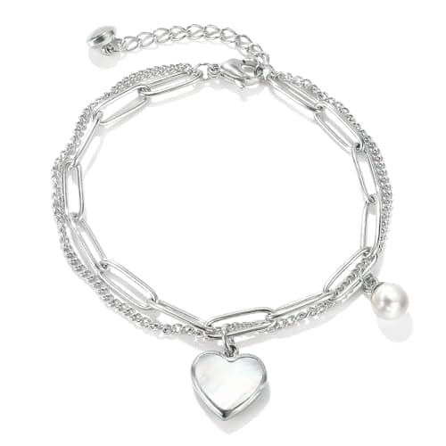 Emibele Bracelet en Forme de Cœur Exquis pour Femmes, Bijoux en Acier Inoxydable Filigrané, Chaîne Gravable avec Fermetu — Argent-double Cœur