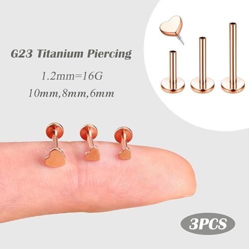 Adramata hypoallergénique Piercing oreille conch cartilage G23 Titane Labret à filetage interne 6/8/10MM (Or/Argent) 3 p