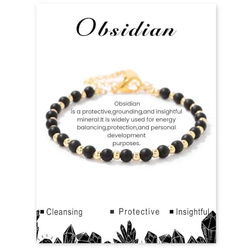 Bracelet Pierre Naturelle Uwiyo Femme 4mm Plqué Or Cristal Anniversaire Fête des Mères Noël — Obsidienne