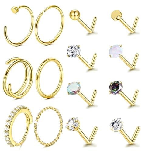 Adramata Or 14K Piercing Nez Acier Chirurgical Anneaux pour Hommes Femmes Hypoallergénique Anneau de Nez 20G Coeur Pierc