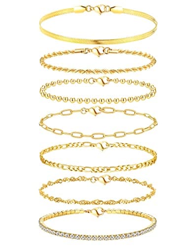 Adramata Chaîne Bracelet Acier Inoxydable Femme Regelable Réglable CZ Fantaisie Argent Or Ensemble 7 Pcs pour Femmes Fil
