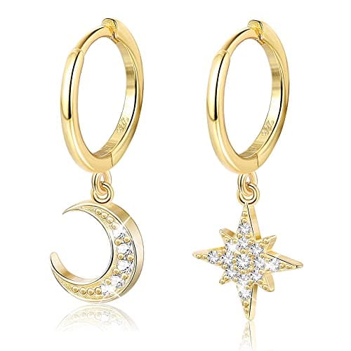 Adramata Boucles D'Oreilles Femme Argent 925 Hypoallergéniques Étoile Lune Boucles D'Oreilles Cartilage Huggie Piercing — Creoles Poli, Or