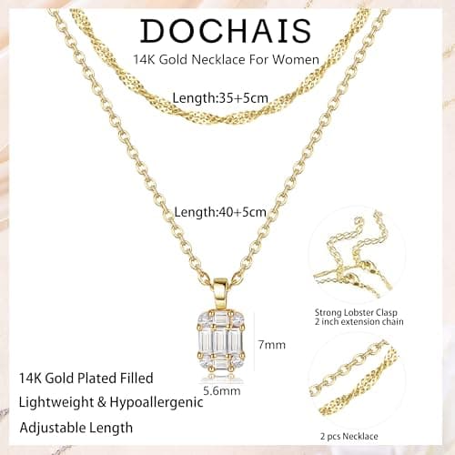 Chaîne Dochais en or 14 carats pour femme - Étanche - Pendentif carré - Solitaire - Mini CZ - Argenté/doré