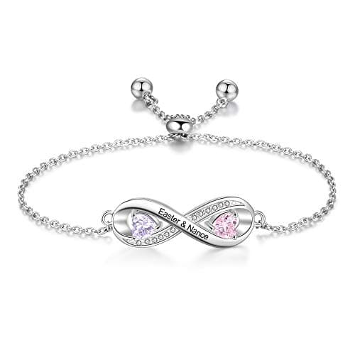 Bracelet Personnalisé Argent Gravé Nom Simulé Pierre de Naissance Chaîne Ajustable Cadeau Mère Anniversaire Fête des Mèr — 2 Pierre de naissance 2 Nom