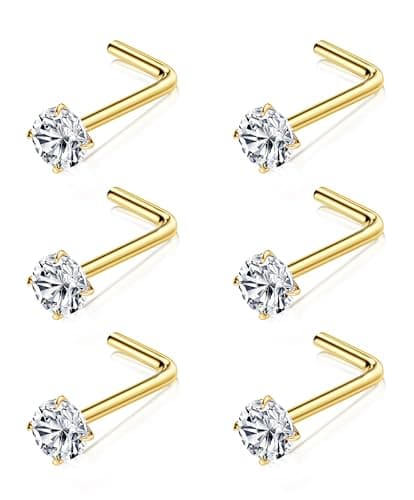 Chriscoco Piercing Nez Titane 6 Pièces Or Argent 18G 20G Cubique Zircone CZ Forme L 3mm — 3mm, forme de L, 20G, titane or