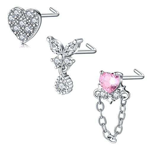 Mayhoop Piercing Nez en Acier Chirurgical pour Femme et Homme - Coeur Fleur Papillon Ramure - 20G - Disponible en Argent — 3pcs-argent L-set1