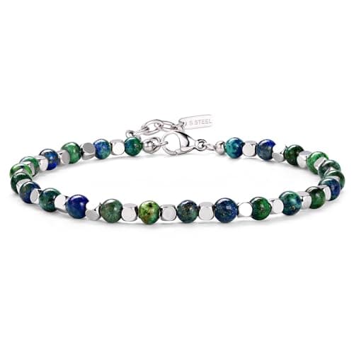 Bracelet Chriscoco Homme Femme Perle Pierre Naturelle Turquoise Oeil de Tigre 4MM Argent Acier Inoxydable Modeㇼ fashiona — Azurite
