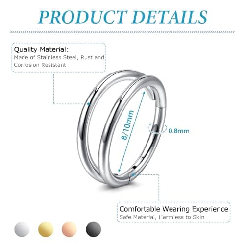 LAURITAMI Piercings nez en acier chirurgical 20G mince Double AnneauSeptum Clicker Ringbijoux piercingnez, 8/10mm Helix