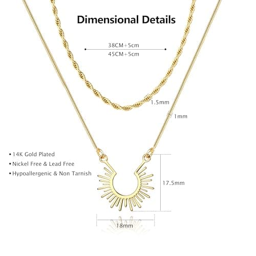 Collier Or Femme Plaqué 14K Pendentif Soleil Résistant à l'Eau Cadeau Femmes Filles