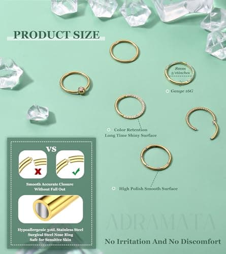 Adramata - Anneaux de Nez en Acier Chirurgical pour Femme et Homme - Anneaux d'Or Argent Recycled Standard 100 Pièces