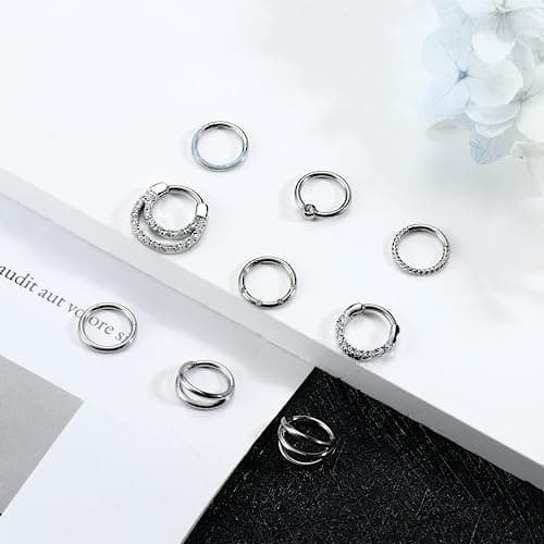 Adramata 9 PiècesAnneaux de Septum 16G Acier Chirurgical Opale CZ pour Femme Hommeavec Bijoux de Piercings 8MM 10MM Recy
