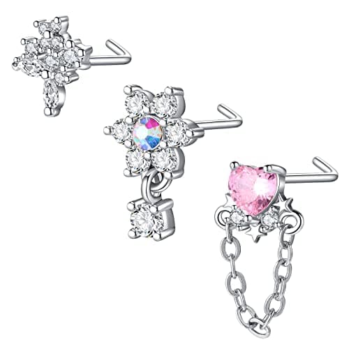 Mayhoop Piercing Nez en Acier Chirurgical pour Femme et Homme - Coeur Fleur Papillon Ramure - 20G - Disponible en Argent — 3Pcs-Argent L-Set2