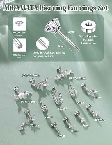 Adramata Piercing Or Argent Femme Oreille Piercing Helix Boucles d'Oreilles 12Pcs Acier Inoxydable Recycled Claim Standa