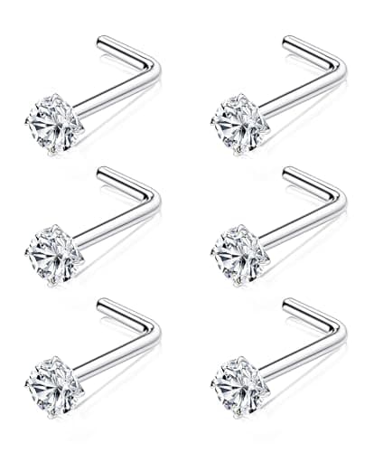 Chriscoco Piercing Nez Titane 6 Pièces Or Argent 18G 20G Cubique Zircone CZ Forme L 3mm — 3mm, forme de L, 18G, titane argent