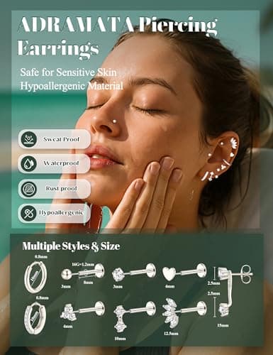 Adramata Boucles d'Oreilles Femme Acier Inoxydable Piercing Oreille Sans Fil Tragus Conch Piercings Nez Labret Fiori Pla