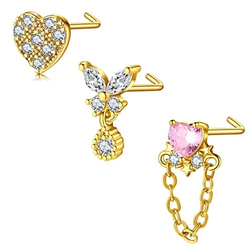 Mayhoop Piercing Nez en Acier Chirurgical pour Femme et Homme - Coeur Fleur Papillon Ramure - 20G - Disponible en Argent — 3pcs-doré L-set1