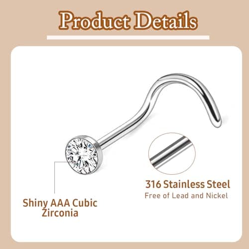 LOCCY Piercings Nez en Acier Inoxydable Bijoux pour Femmes et Hommes - Anneau de Nez 21-30 Pièces 20G Or Argent CZ L/Vis