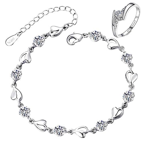Bracelet Argent 925 Femme Coeur Ajustable avec Anneau NGUSO, Bracelet Argent Massif Femme Coeur 925 Ajustable avec Annea
