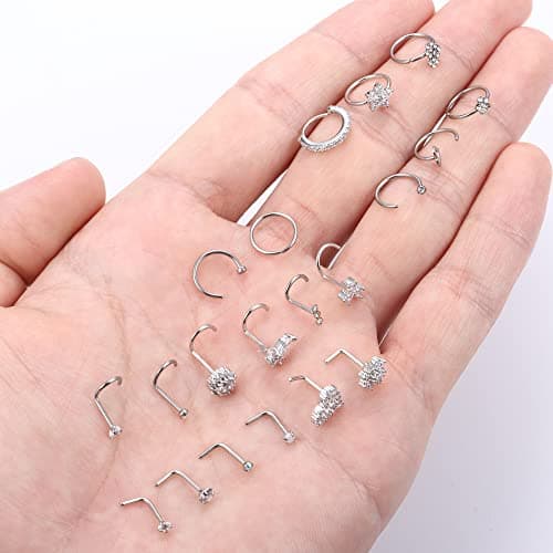 Adramata 20Pcs Nez Stud & Hoop Anneaux pour Femmes Hommes - Acier Chirurgical - Noir Or Argent - Piercing de Nez Anneaux