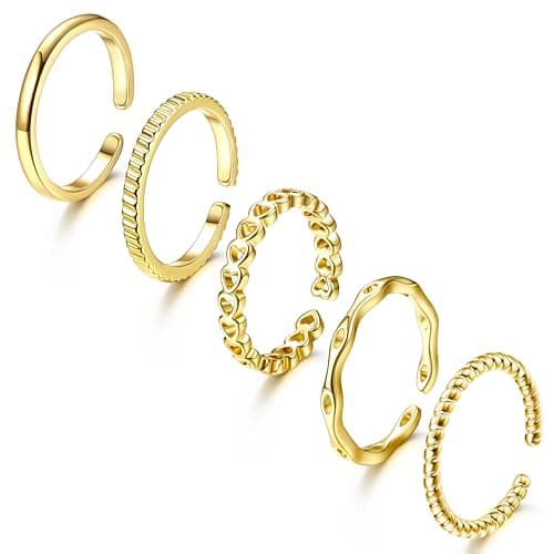Adramata Or Plaqué 14K Bague Reglable Minimaliste OUverte Enfant Ensembles Recyclé 100% Enfant 5 Pièces Bague Empilable