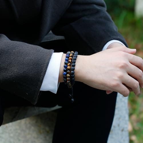 Bracelet Adramata Homme Pierre Naturelle 8mm Oeil de Tigre Reglable Bijoux Cadeau Recycled Standard 100