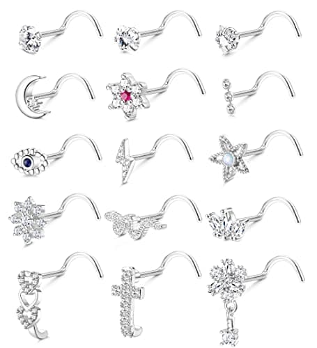 Adramata 15 Pcs Piercing Nez en Acier Chirurgical pour Femme et Homme - L/Vis en Forme de Serpent | Fleur Clous de Nez A — Argent-S en Forme