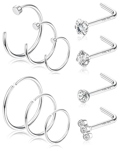 Adramata Piercings au Nez Or 14k Femme Homme 10 Pièces 20G Piercing Rond CZ Coeur Bijoux Percing Or Argent Épingles de N — Anneau de nez A, Argenté