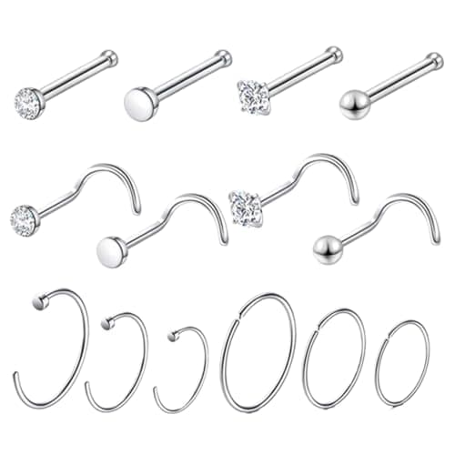 OQKAHIV Piercings Nez Anneau en Acier Chirurgical pour Femmes Hommes - 14 Pièces - Usage Sécuritaire et Hygiénique