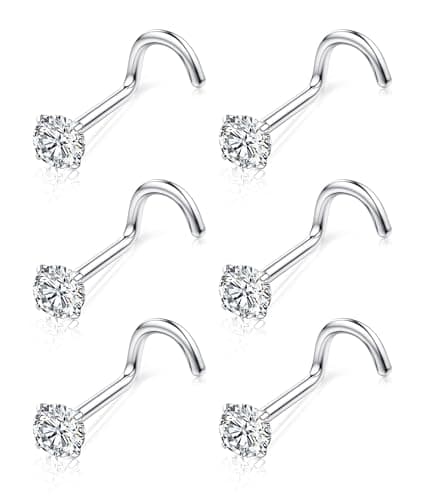 Chriscoco Piercing Nez Titane 6 Pièces Or Argent 18G 20G Cubique Zircone CZ Forme L 3mm — 3mm, vis, 18G, titane argent
