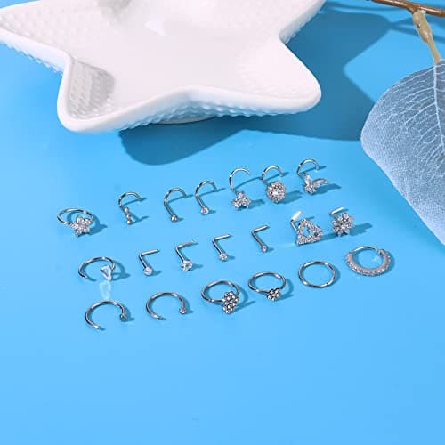 Adramata 20Pcs Nez Stud & Hoop Anneaux pour Femmes Hommes - Acier Chirurgical - Noir Or Argent - Piercing de Nez Anneaux