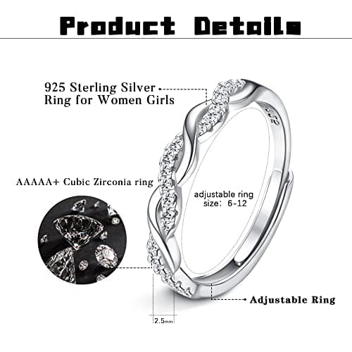 JeweBella Anneau Femme Argent 925 Reglable Eternité Zircone Cubique Fiançailles Mariage Bijoux Femme