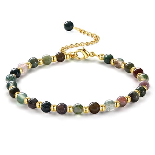 Bracelet Naturel en Pierre de 5MM Plqué Or pour Femme Bracelet Bohème en Acier Inoxydable de 3MM pour Femme Bracelet en — Couleur Verte