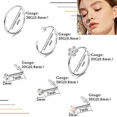 Adramata 20Pcs Nez Stud & Hoop Anneaux pour Femmes Hommes - Acier Chirurgical - Noir Or Argent - Piercing de Nez Anneaux