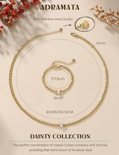 Colliers et Bracelets Cubain Adramata Chaîne Inoxydable Or 14K Femme Homme - Set Bijoux Zirconia |5MM - Collier Longueur