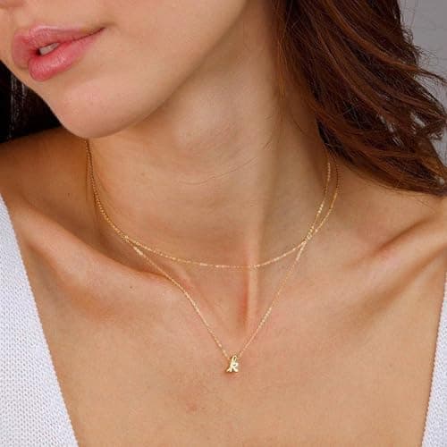 Collier DOUBLE TINGN Or 14K, Pendentif PERSONNALISÉ Lettre A-Z, Idée CADEAU Anniversaire Fille, Fête des Mères, Saint Va