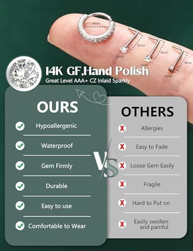 Adramata Or 14K Piercing Nez Acier Chirurgical Hypoallergénique pour Femmes Hommes Anneau de Nez CZ Coeur 20G (14Pcs) Pi