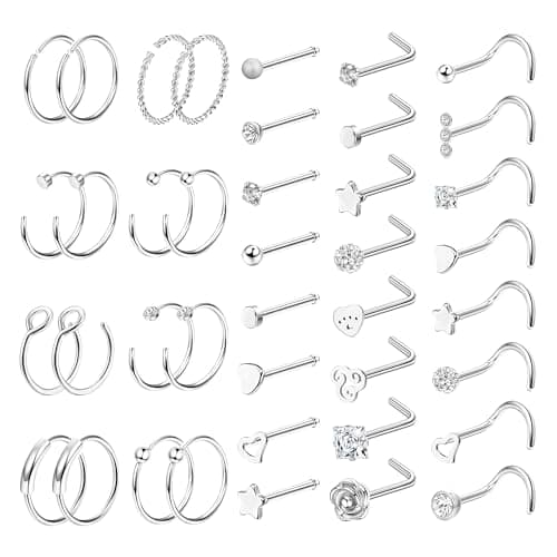 LOLIAS Anneaux Nez Acier Chirurgical Hypoallergéniques Femmes Hommes Recycled Claim Standard 100 Pièces — Ton Argenté 40 Pièces