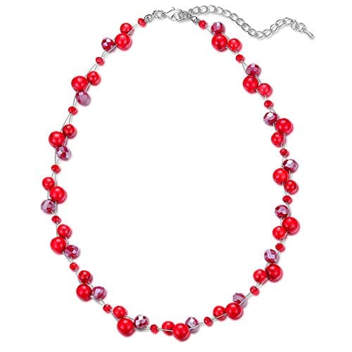 F LU AUTOMNE Collier Perle et Cristal Femme Argent Bijoux Bohème Cadeau Fête Mères — Rouge